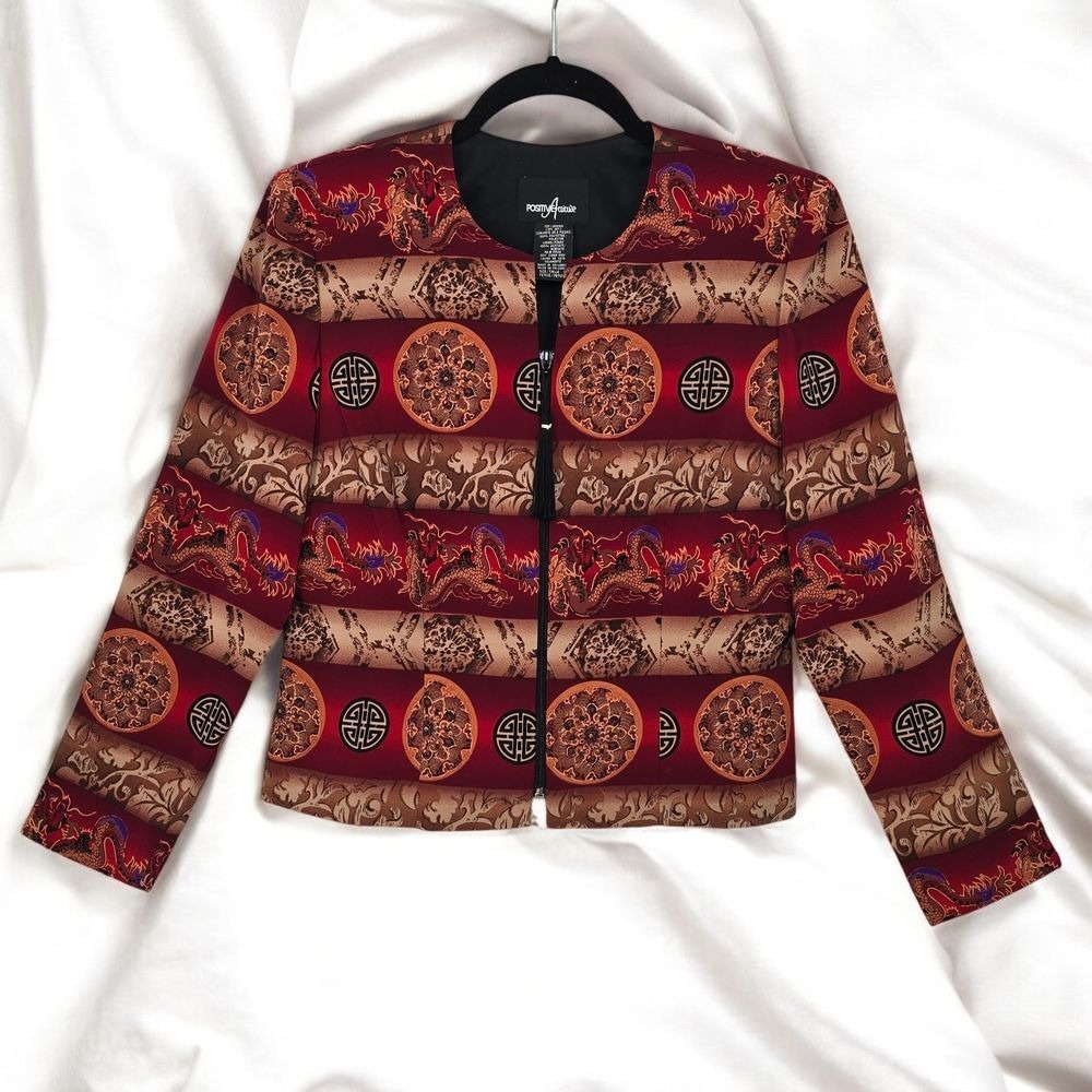 Vintage Positive Attitude Blazer Woman‎ Petite 8 Red Dragon Pattern Full Zip